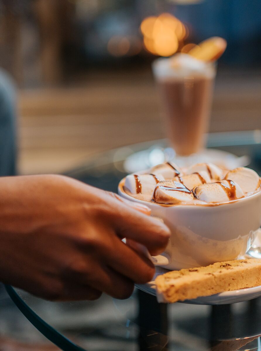 A hot chocolate sits on a table at the Rimrock Resort and Hotel in Banff National Park.